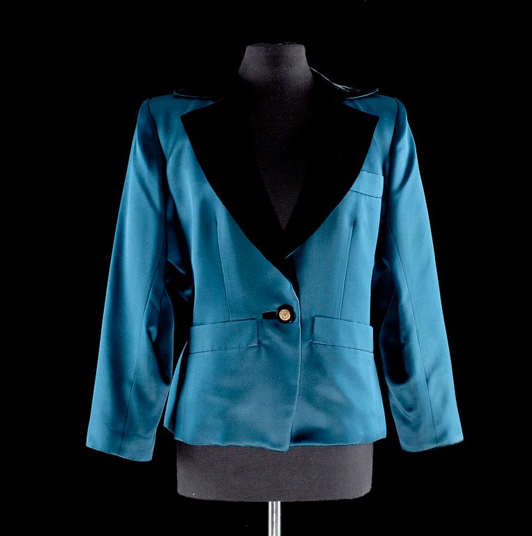 A darkgreen silk and black velvet jacket by Yves Saint Laurent.