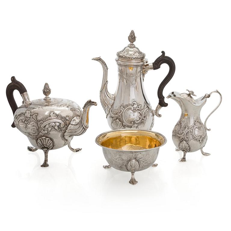 Kaffe- och teservis, 4 delar, silver, rokoko, Portugal, 1780-tal, olika silversmeder.