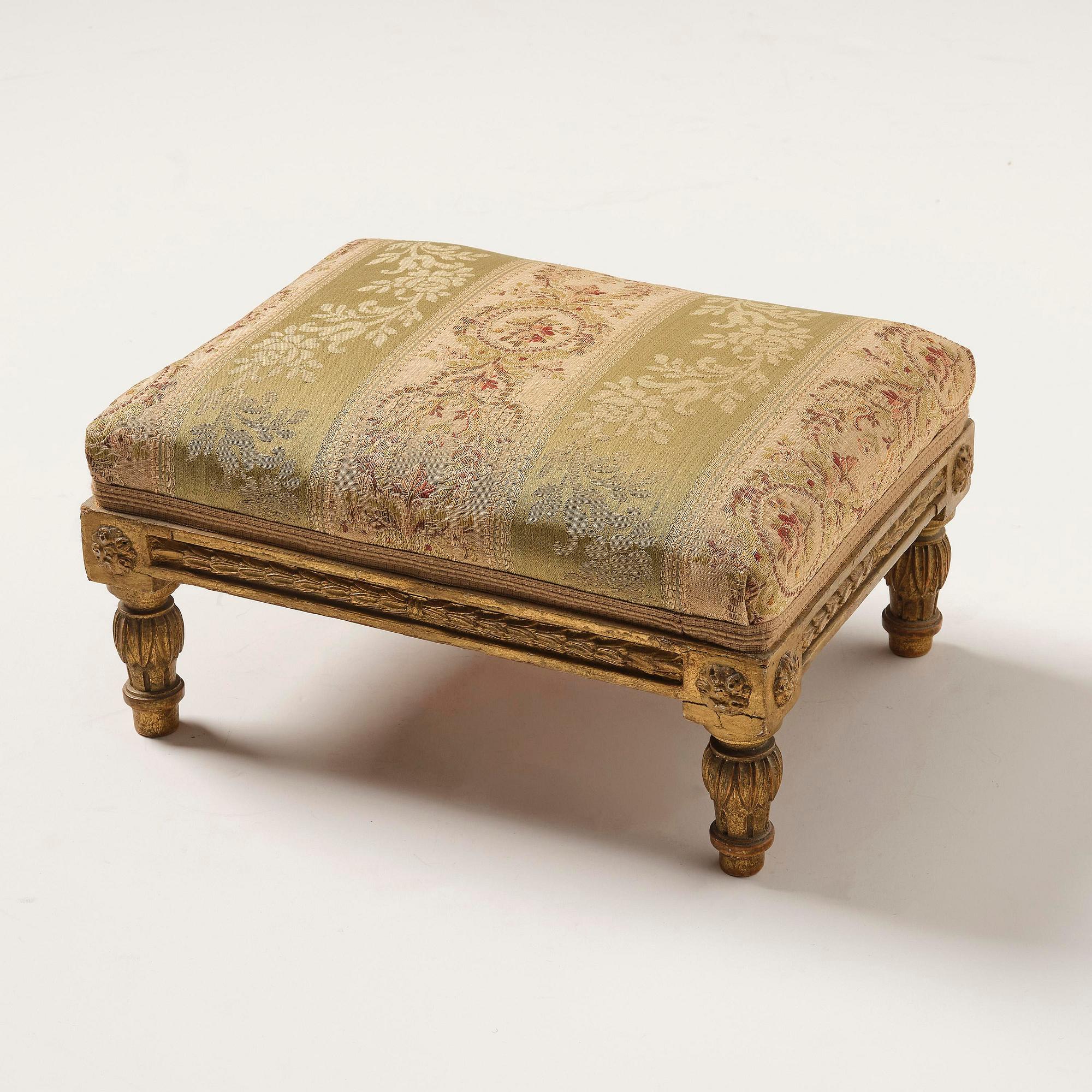 A late Gustavian giltwood foot stool, Stockholm, late 18th century.