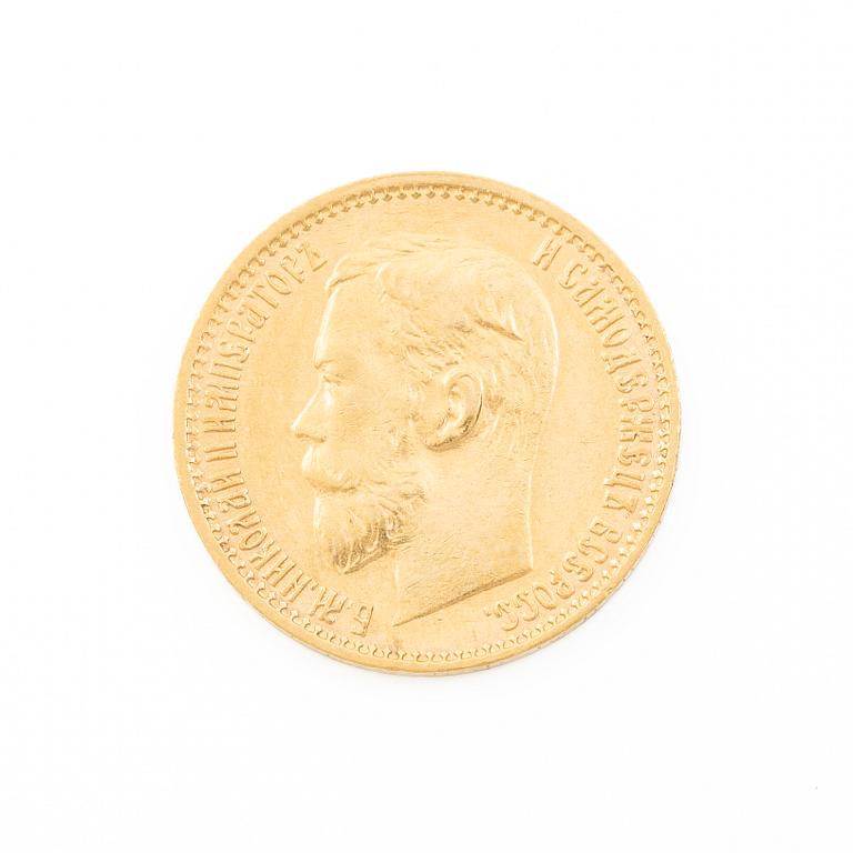 Gold coin, Nicholas II, Russia, 5 Rubles, 1899.