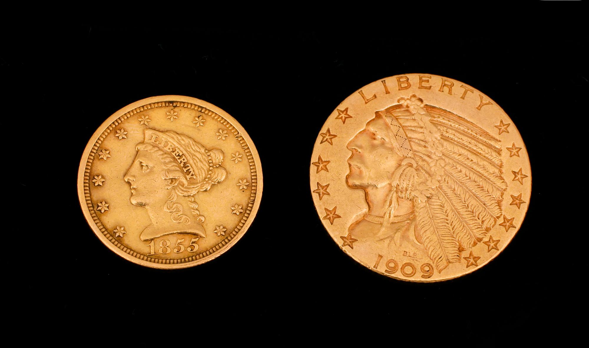 MYNT, 2 st, guld, 1855 samt 1909, USA.