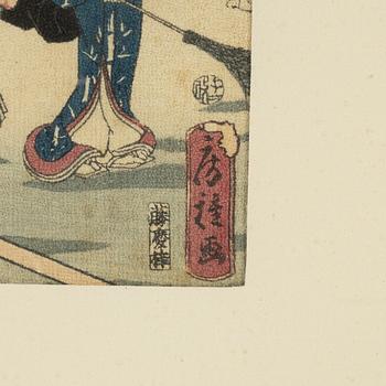 Utagawa School, a set of three woodblock print triptychs, later part of the 19th Century.