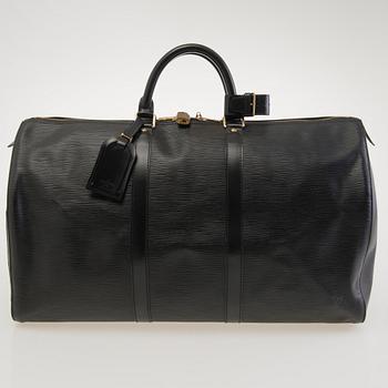 LOUIS VUITTON BLACK EPI LEATHER KEEPALL 50 TRAVEL BAG.