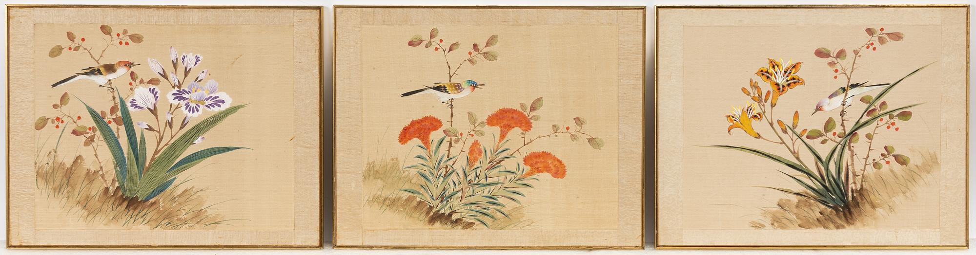 Three paintings on silk, China, mid-20th Century.