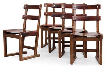 625. A set of five Axel Einar Hjorth 'Funkis' brown leather and stained wood chairs, Nordiska Kompaniet, Sweden ca 1930.