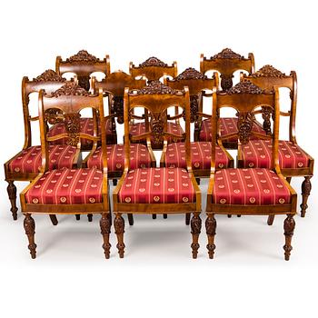 5. A Set of Two Armchairs and Eight Chairs, biedermeier, Mid-19th Century.