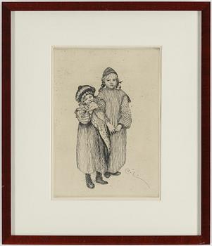 CARL LARSSON, etching, signed C.L. in the plate. Executed 1912. "The children of Hellberg the Carpenter".