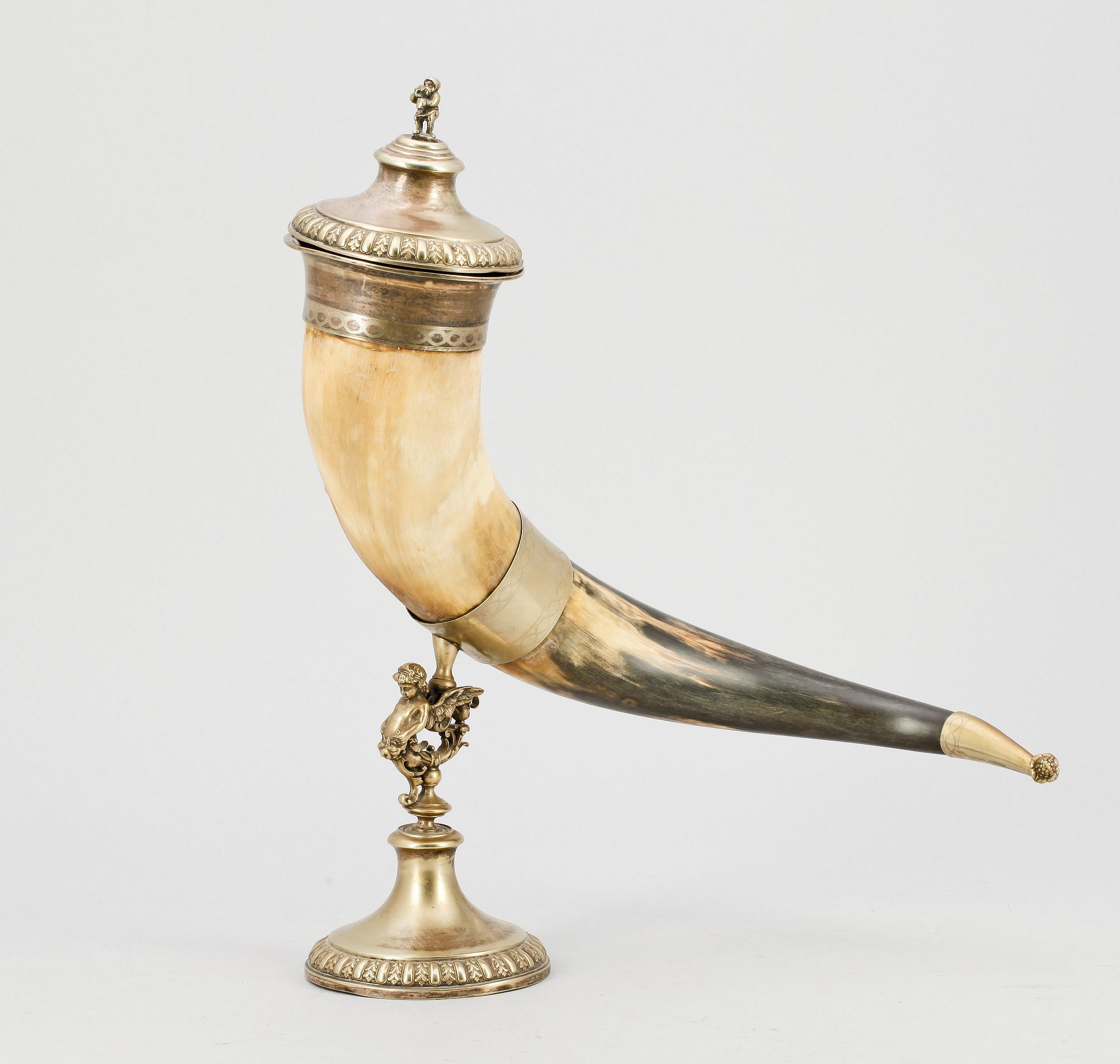 DRYCKESHORN, ben och nysilver, omkring 1900.
