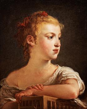 344. Jean Hugues Taraval, Porträtt av ung flicka som lutar sig  mot en fågelbur.