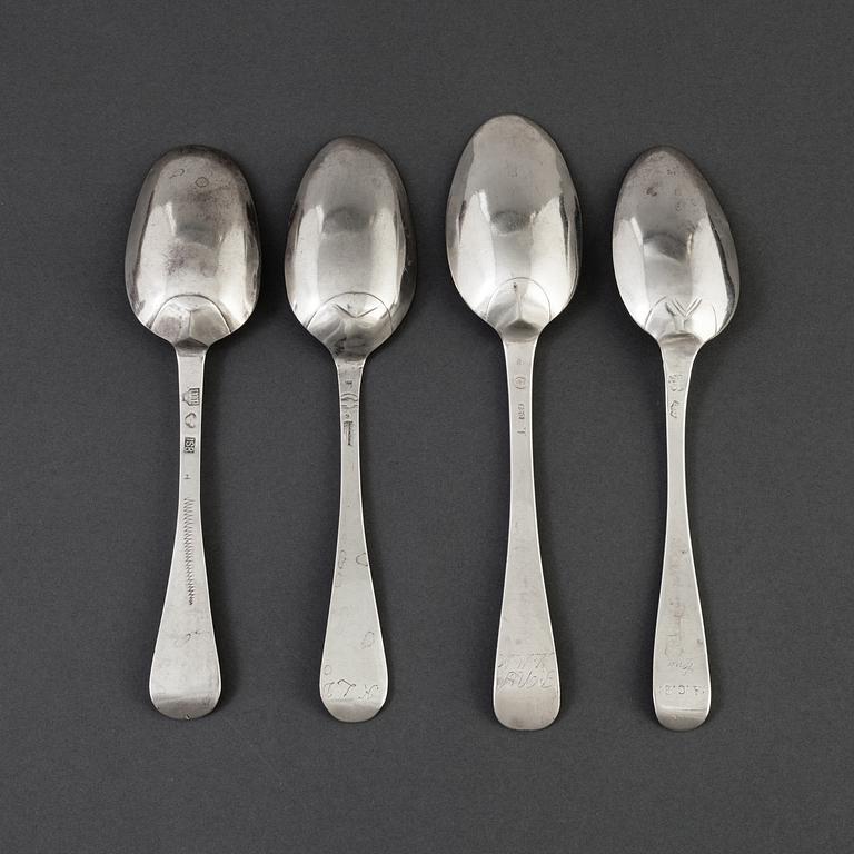 Four Swedish 18th century silver spoons, mark of J Bergengren, Kristianstad 1777, L Castman, Vimmerby 1739-84,