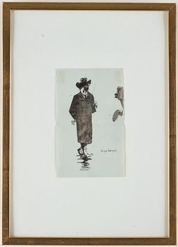 AXEL FRIDELL, tuschlavering, osignerad. "Min nya Burberryrock". Trol. utförd i december 1933.