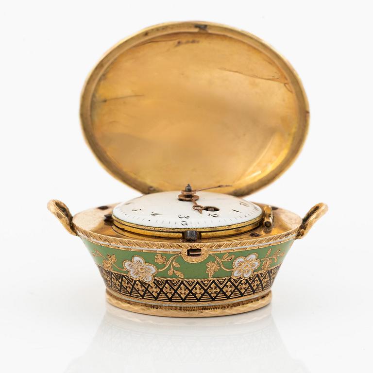 Fickur i form av korg, guld och emalj, Genève, Schweiz, tidigt 1800-tal.
