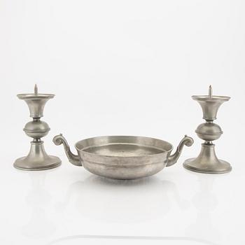 Edvin Ollers, a set of two pewter candle sticks and one bowl 1950.
