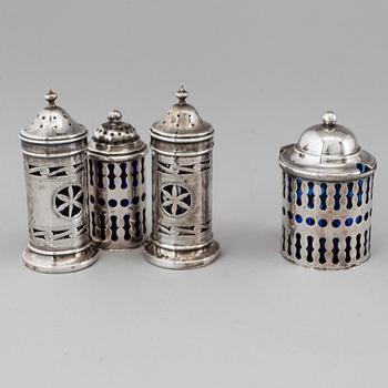 A set of three 20th century silver spice casters and a mustard jar, Denmark / England. Silver weight ca 152 g.