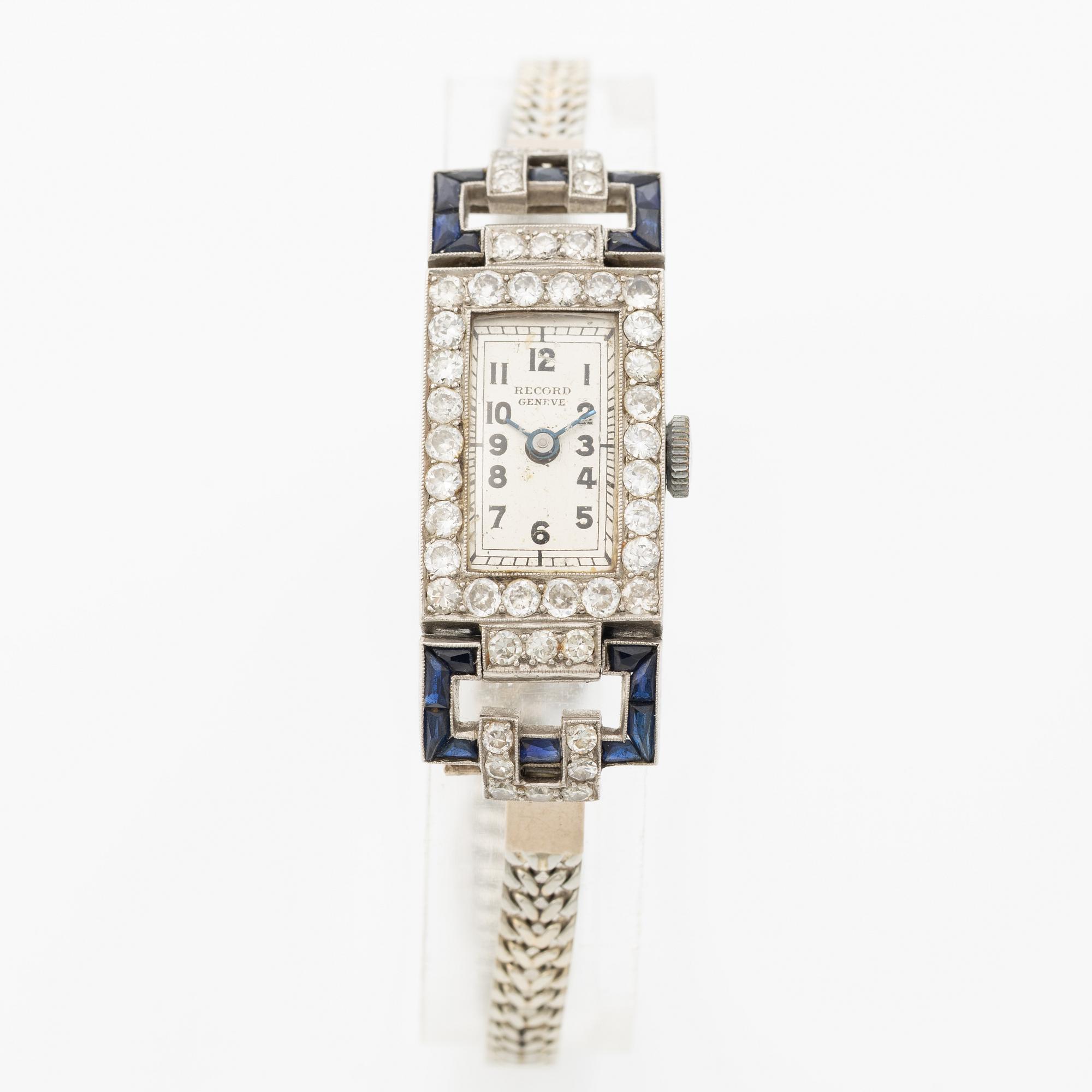 Ladies’ wristwatch in platinum and 18K white gold with old-cut diamonds and sapphires, Art Deco.