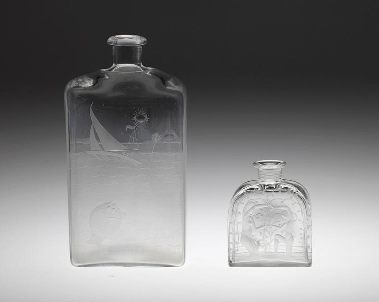 KARAFFER, 2 st, glas, Edward Hald Orrefors. Sign.