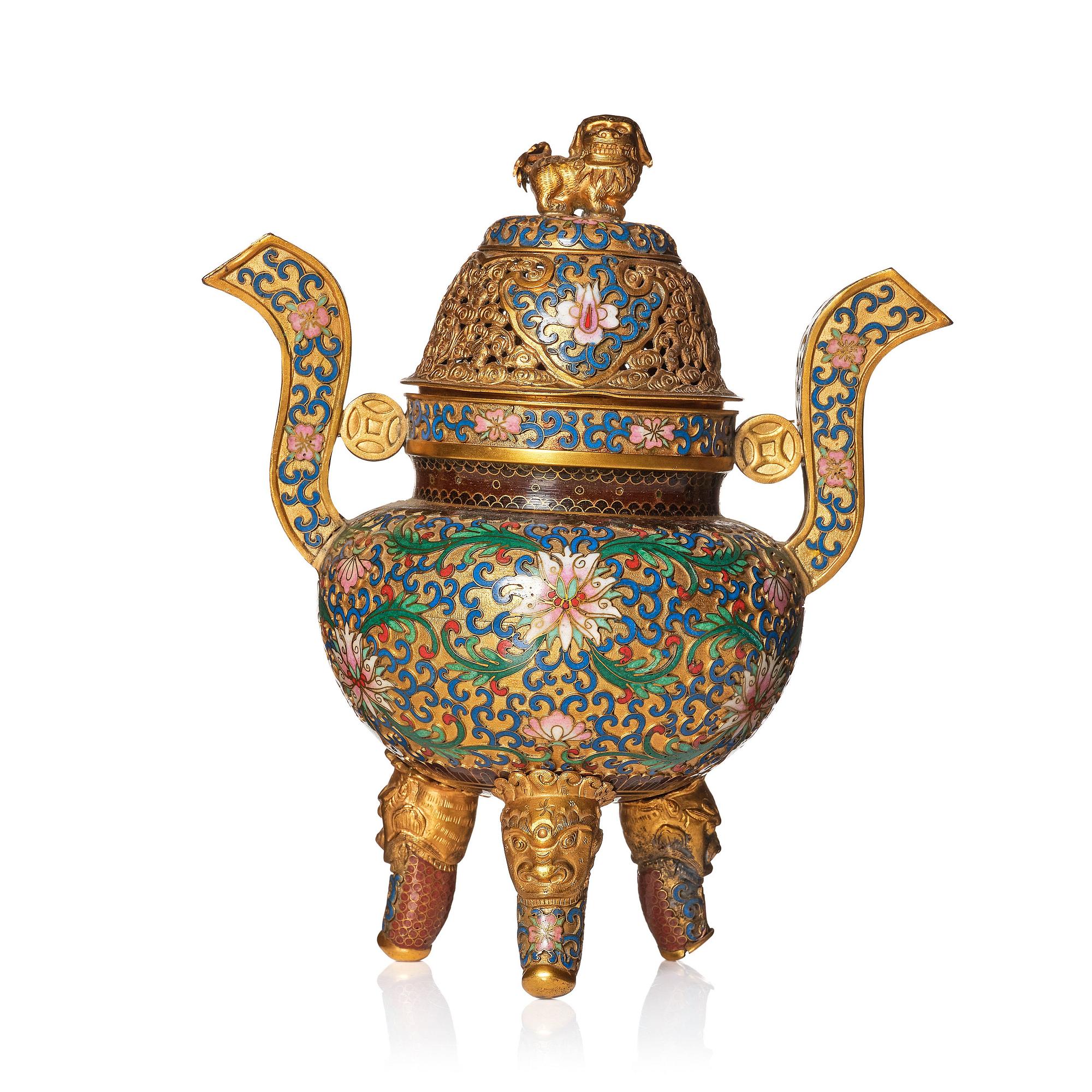 A gilt copper alloy cloisonné censer with cover, late Qing dynasty/early Republic.