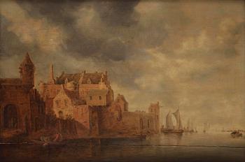 731. Frans de Hulst, circle of, Coastal town with boats and figure group.