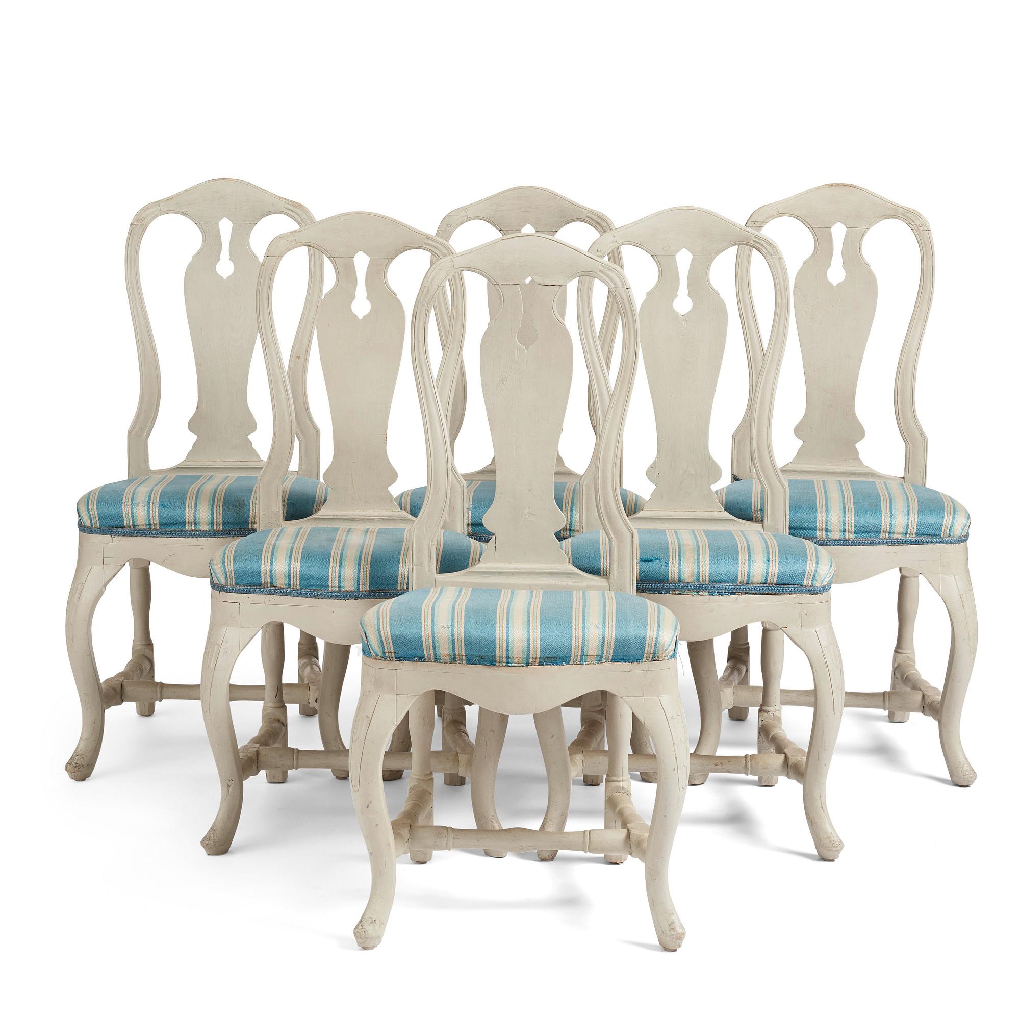 A set of six Swedish Rococo chairs, second part of the 18th century.