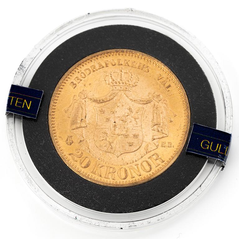 Guldmynt, Sverige, Oscar II, 20 kronor, 1877.