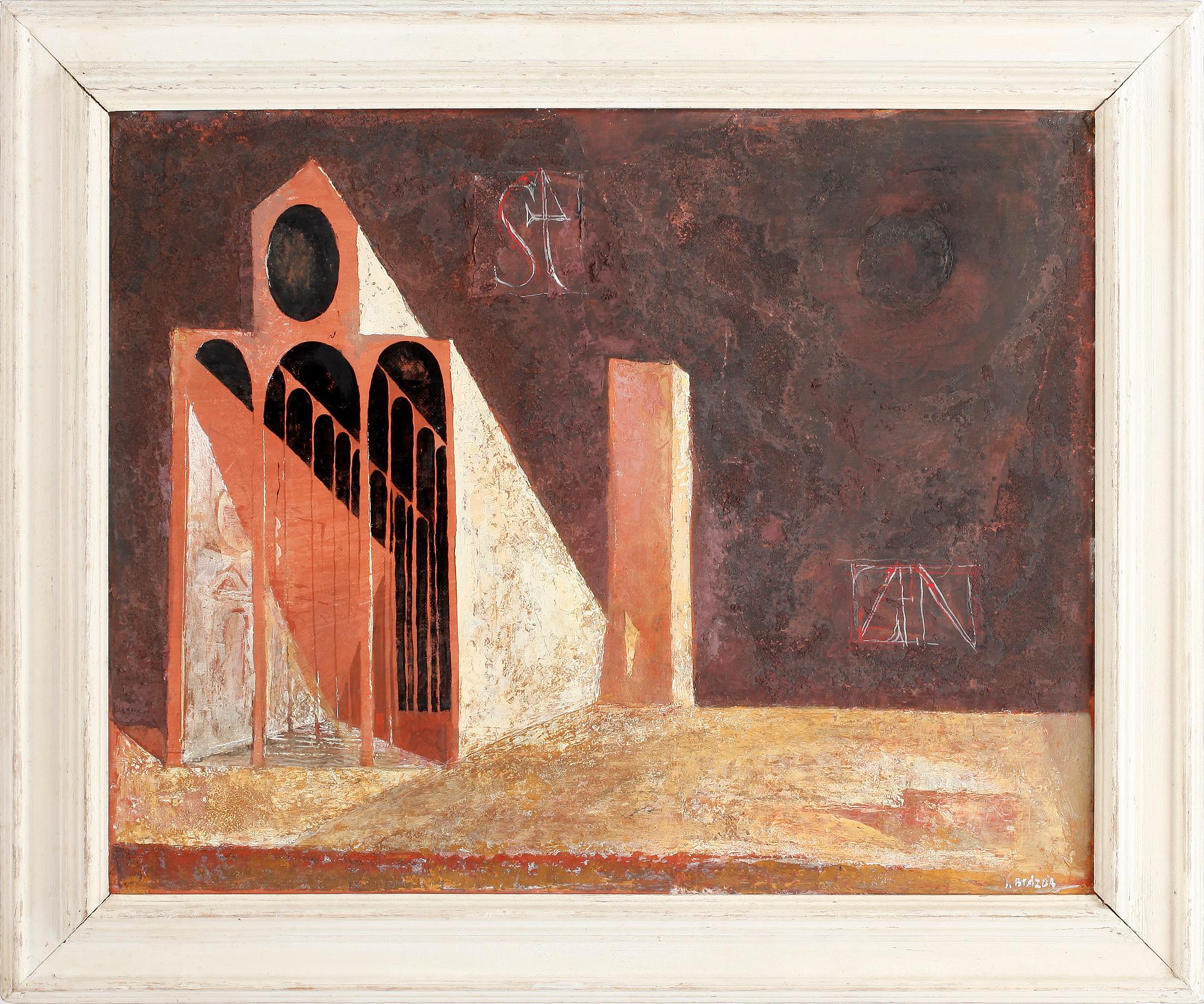 JAN BRAZDA, blandteknik på pannå, signerad.