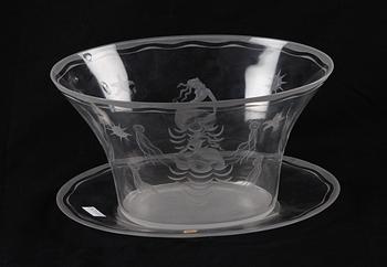 SKÅL PÅ FAT, glas, Orrefors, 1920/30-tal.