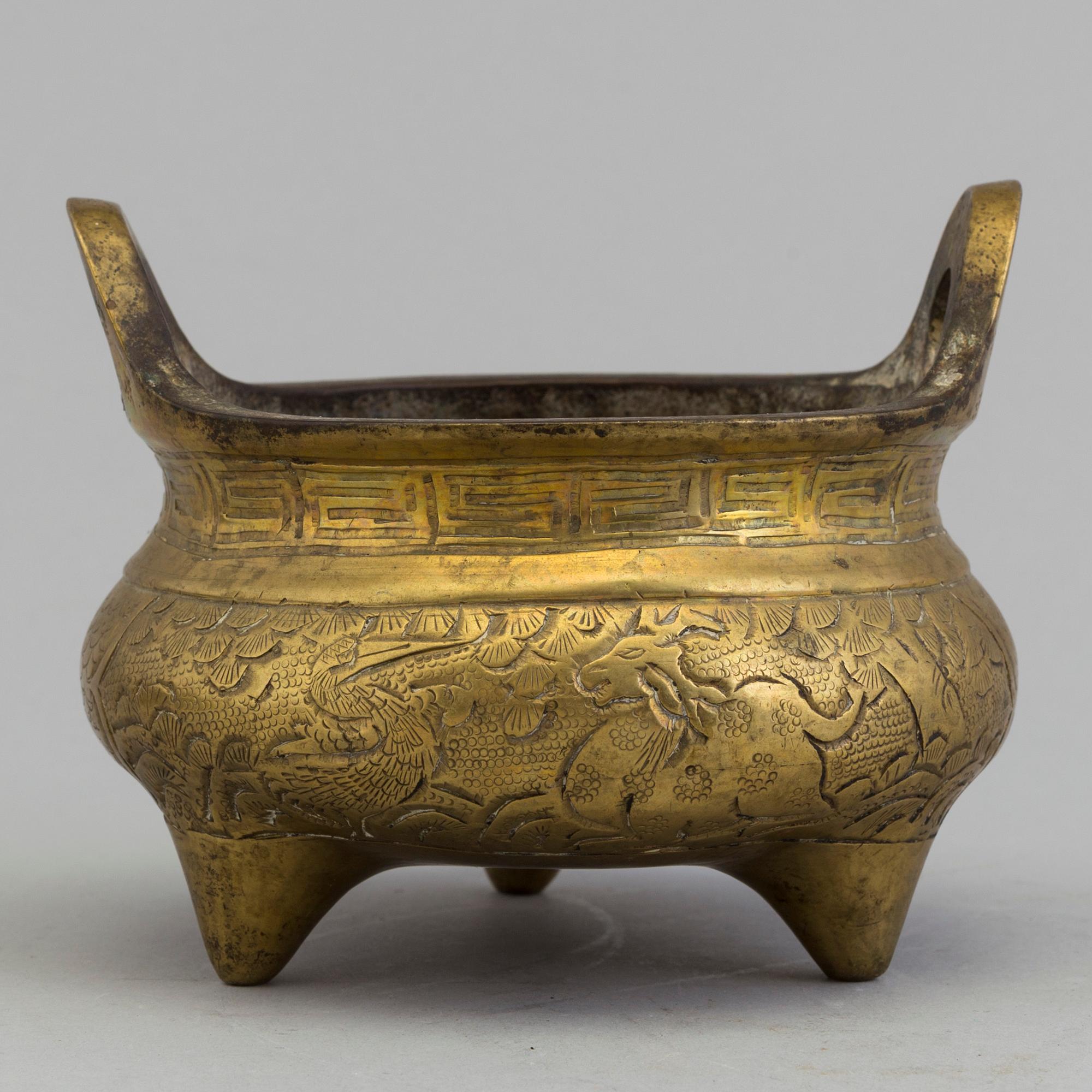 A Chinese early 20th century gilt-bronze censer, with Xuandes six character mark to the base.