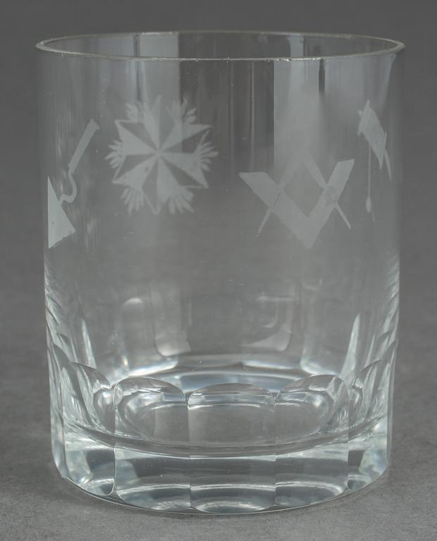 WHISKYGLAS, 6 st, med frimurarsymboler, 1900-tal.