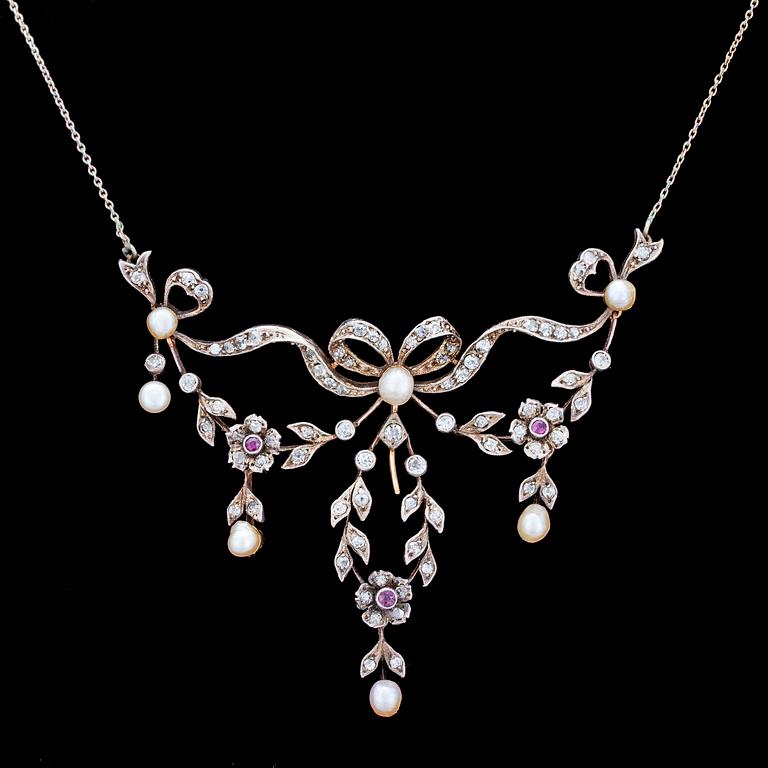 An antique cut diamond, rubies, and natural pearl necklace, 1890's.