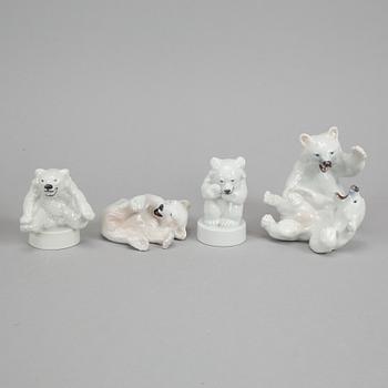 Royal Copenhagen, four porcelain polar bears, 085, 335, 346 and 729, Denmark.