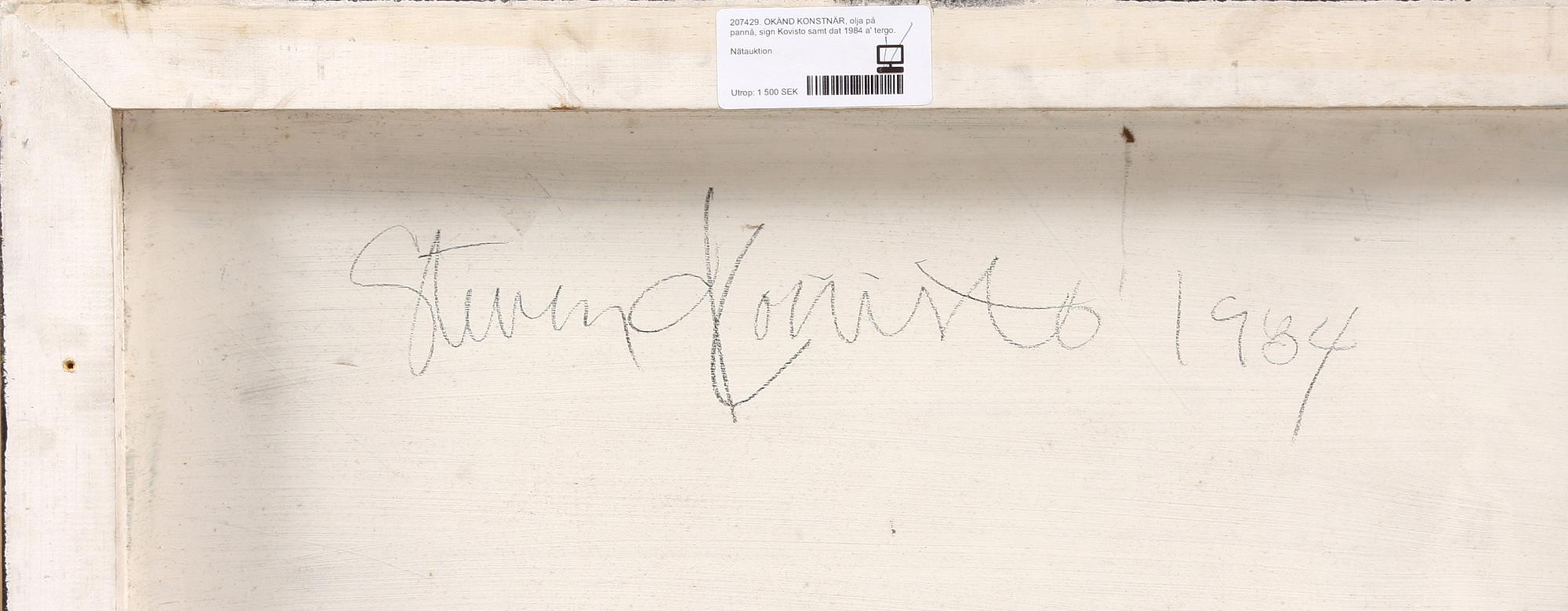 OKÄND KONSTNÄR, olja på pannå, sign Kovisto samt dat 1984 a' tergo.