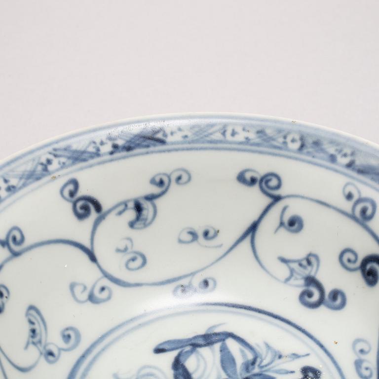 Two blue and white Chinese bowls from Ming Dynasty, 1368-1644.