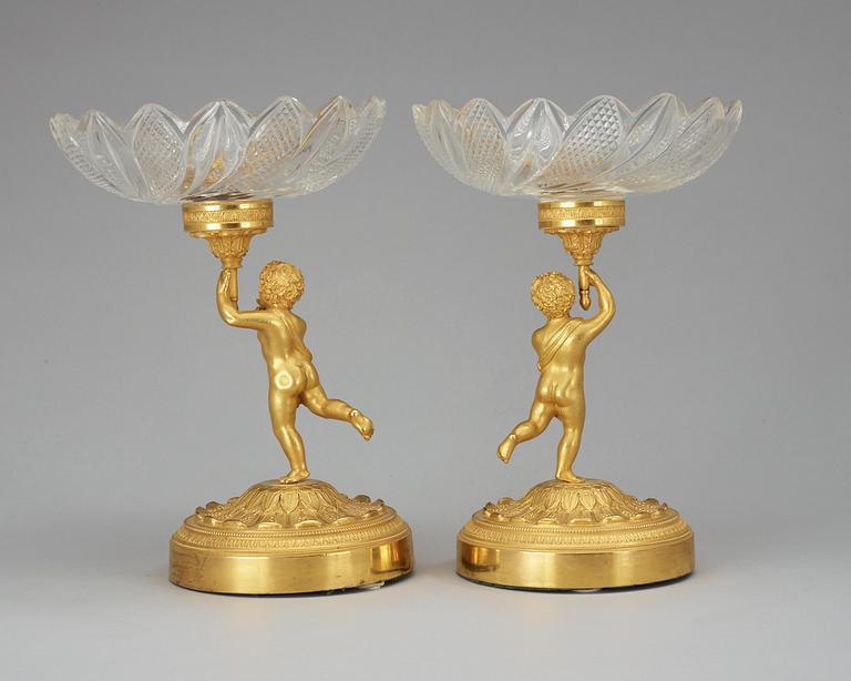 A pair of Empire early 19th century gilt bronze and glas centre pieces, possibly Russian.