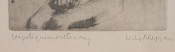 NILS NILSSON, etsningar, 2 st, sign (en dedikerad).