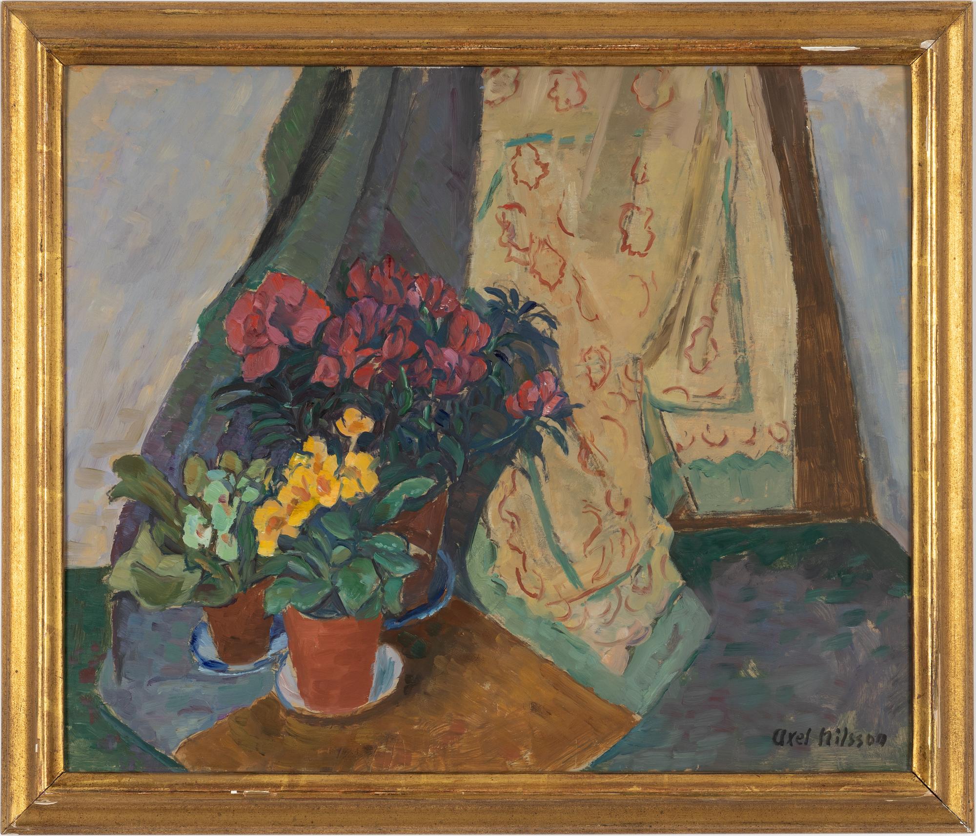 Axel Nilsson, "Uppställning med röda och gula blommor".