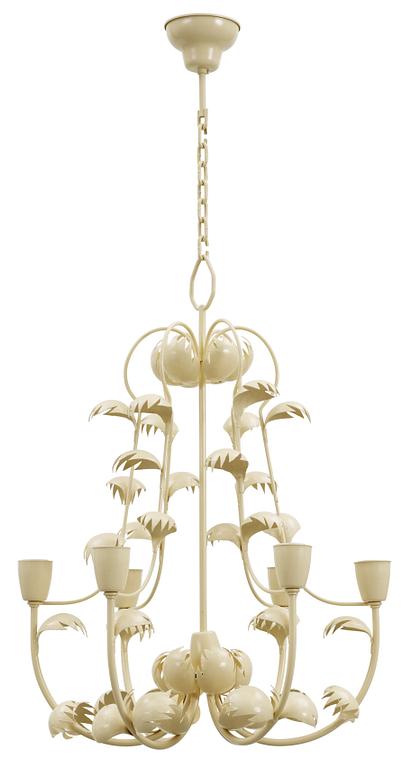 An white laqured brass ceiling lamp and a pair of wall lamps, by ateljé Lyktan, 1940's.