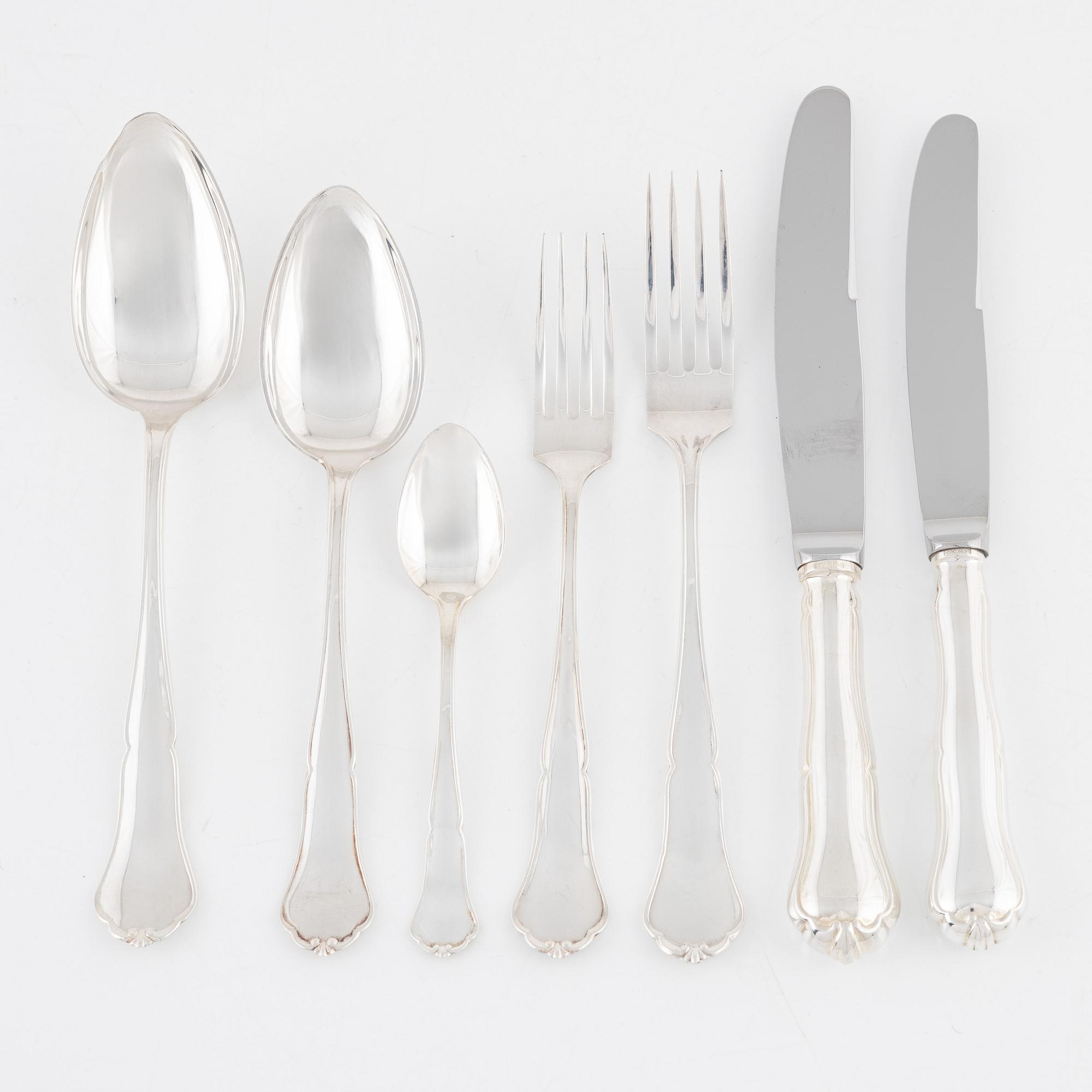 Bestickservis, 54 delar, silver, "Chippendale", Auran Kultaseppä, Åbo, bl.a. 1985.