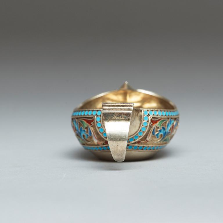 A Russian early 20th century silver-gilt and enamel, makers mark of Pavel Ovchinnikov, Moscow 1899-1908.