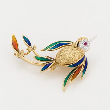 18K gold, enamel, brilliant-cut diamond and ruby bird brooch.