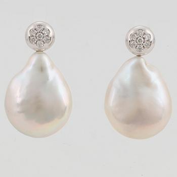 Cultured freshwater pearl and diamond earrings.