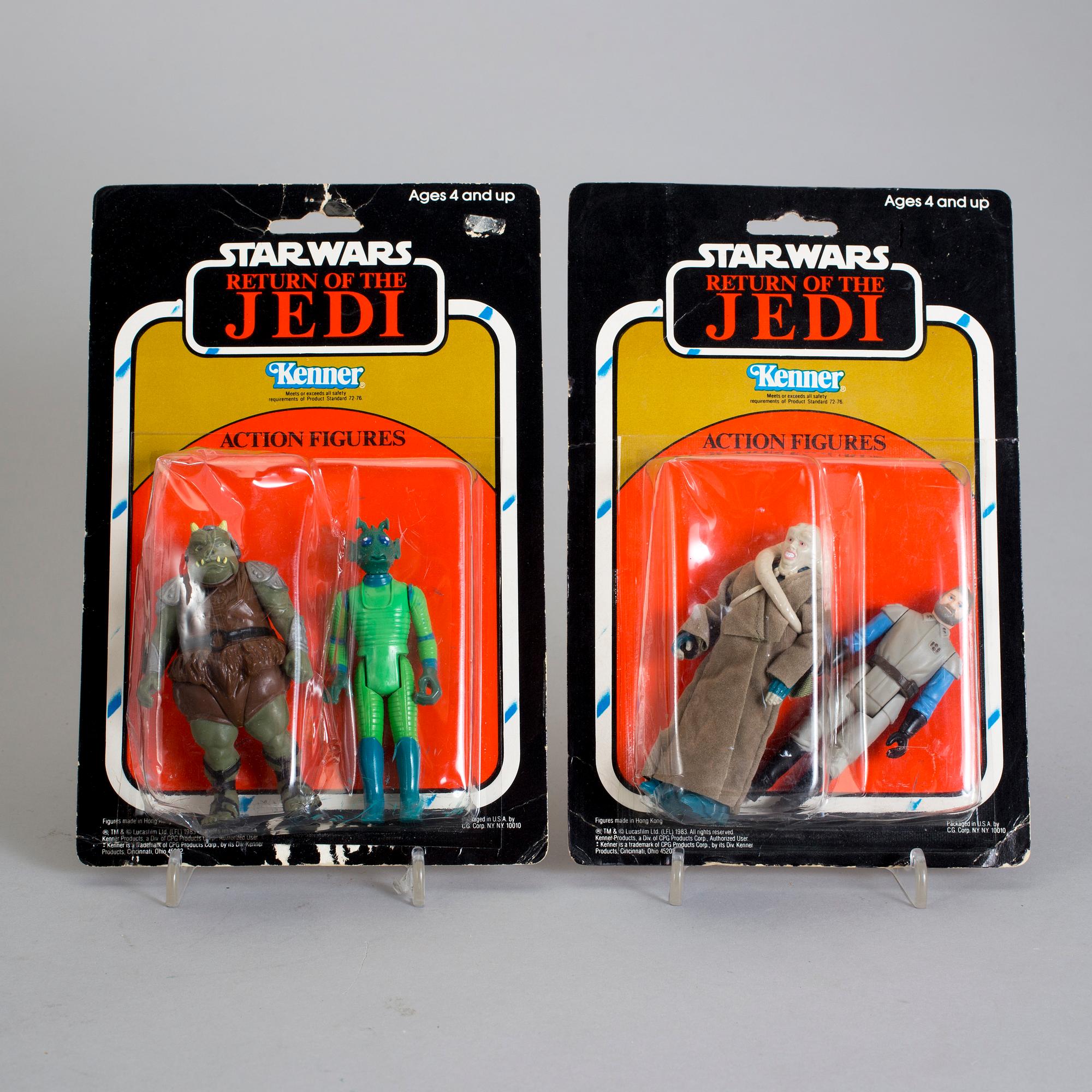 STAR WARS, 4 stycken actionfigurer i förpackning, Kenner, 1980-tal.