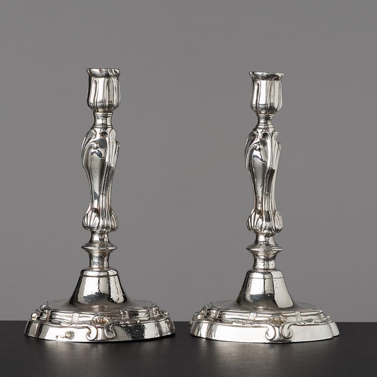 A pair of Rococo candlesticks by Stephen (Friedrich) T. Lemair, privilge in Stockholm 1762, Rococo, 1763.