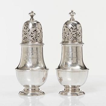 A pair of Britannia standard silver sugar-casters, marks of Samuel Welder, London, 1723.