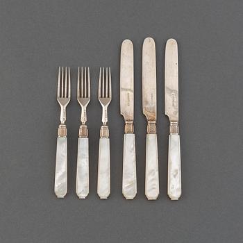 An English set of 44 silver and mother-of-pearl fruit cutlery, mark of Aaron Hadfield, Sheffield, 1846.