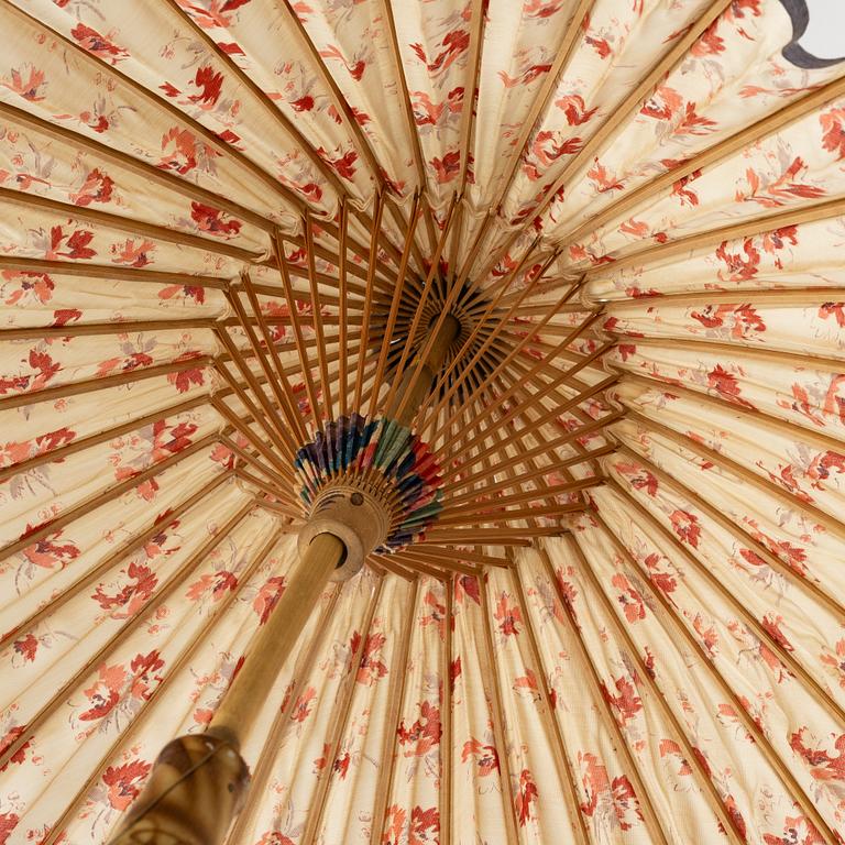 Kimono (five pieces), partially cotton, two pairs of shoes, one pair of socks, and a parasol, Japan, 20th century.