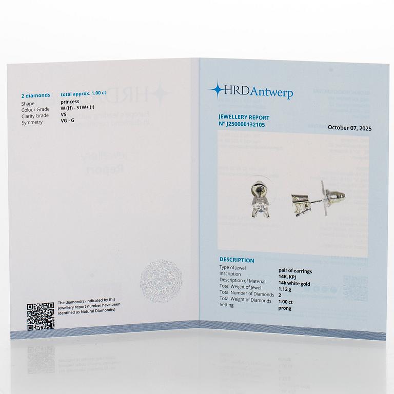 Korvakorut, prinsessihiotut timantit yhteensä noin 1,00 ct, 14K valkokultaa.