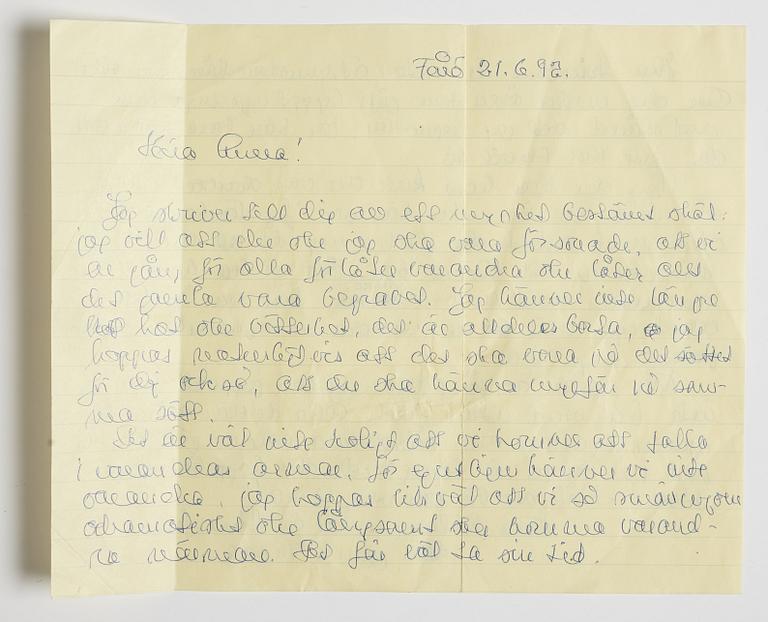 LETTER from Ingmar Bergman to his daughter Anna in London, dated Fårö 21.6.(19)92. Envelope enclosed.
