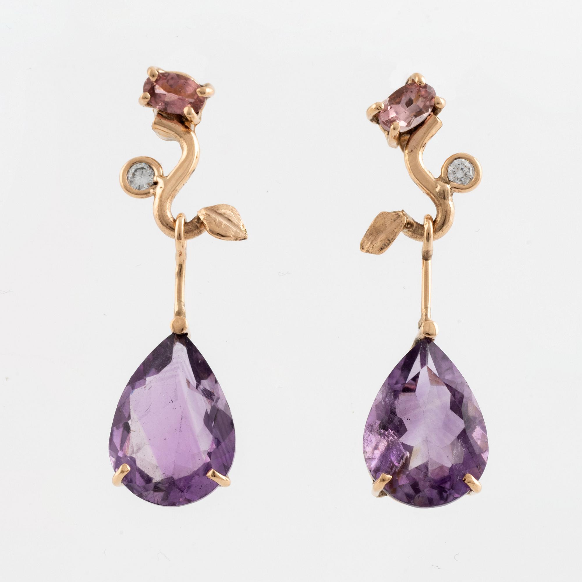 Pear shaped amethyst, pink tourmaline and brilliant cut diamond earrings.