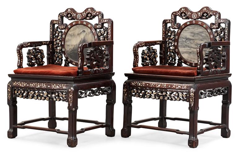 A pair of chinese hardwood and stone armchairs, first half of 20th Century.