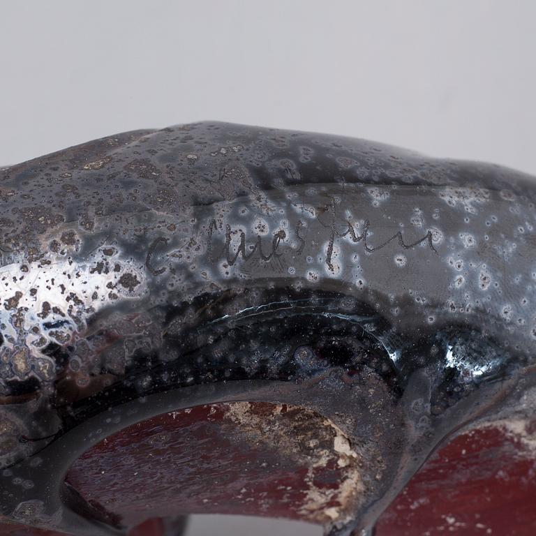 two glass objects, signed.